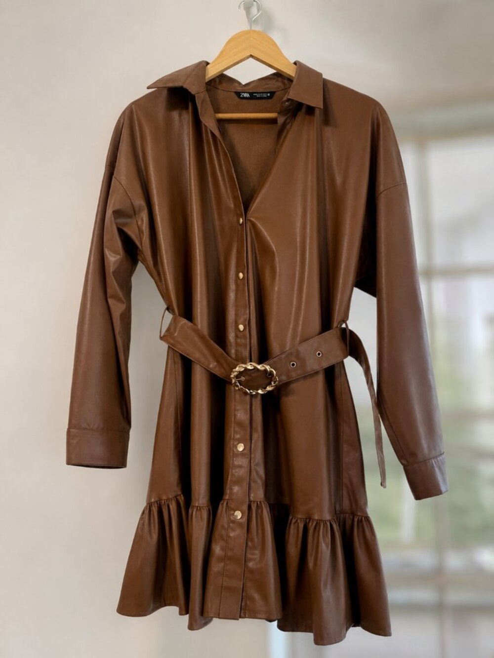 Zara Brown Faux Leather Belted Shirt Dress Size Medium